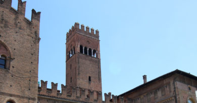 I merli "ghibellini" di palazzo Re Enzo. Sullo sfondo il campanile dell'Arengo., Bologna. @torridibologna